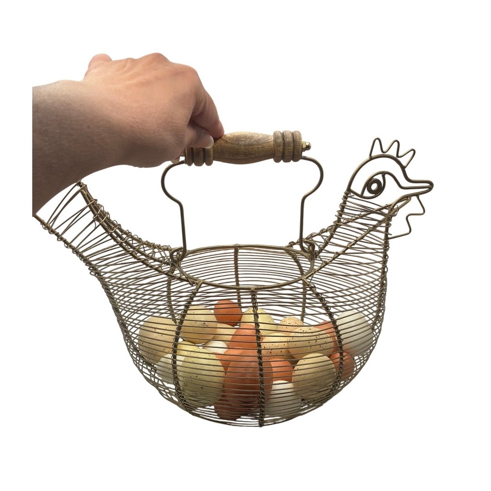 Hen Egg Basket 13x9.5" Wooden Handle Bronze Wire Farmhouse Rustic Chicken Decor